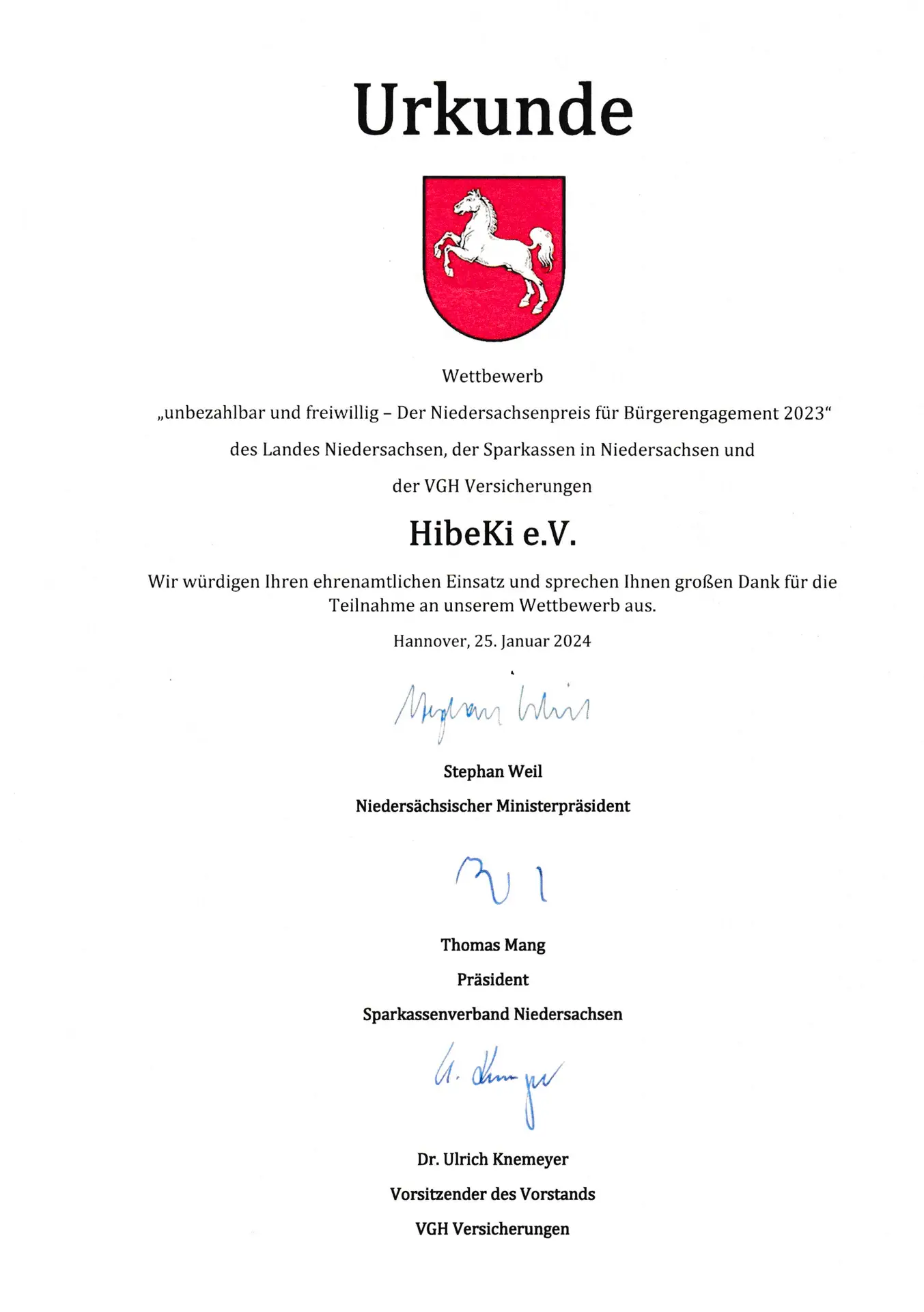 Urkunde für HibeKi aus Niedersachsen
